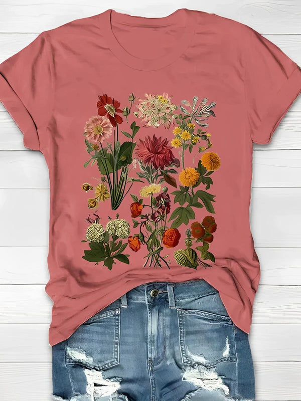 T-Shirt Damen Elegant Vintage Blumenmuster Freizeit