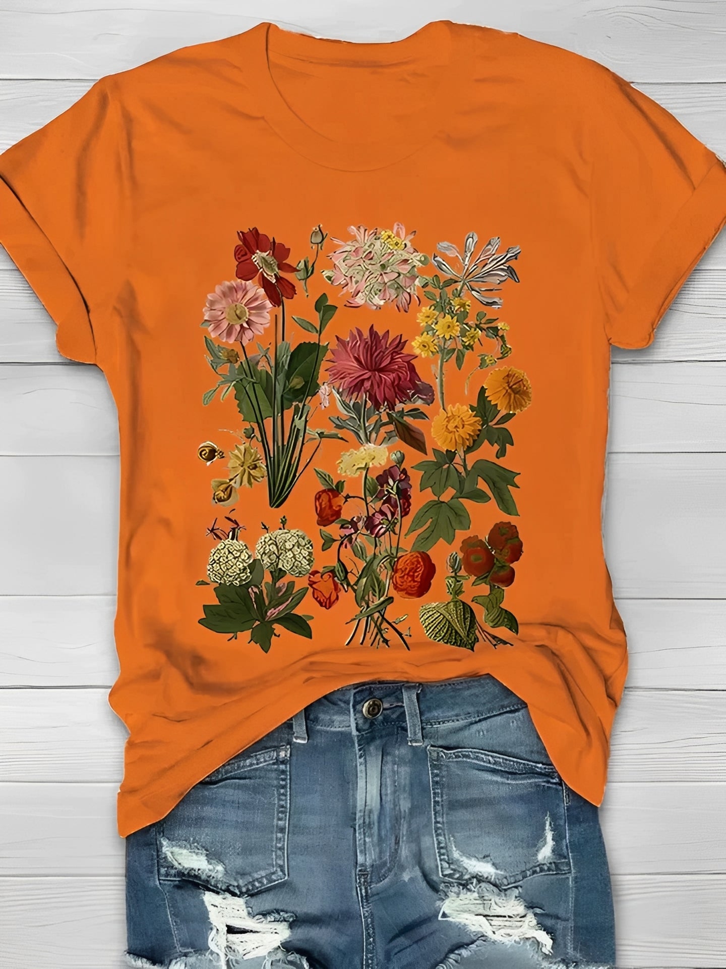 T-Shirt Damen Elegant Vintage Blumenmuster Freizeit