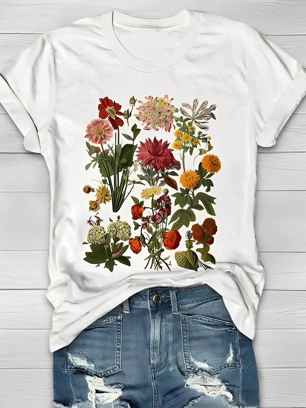 T-Shirt Damen Elegant Vintage Blumenmuster Freizeit