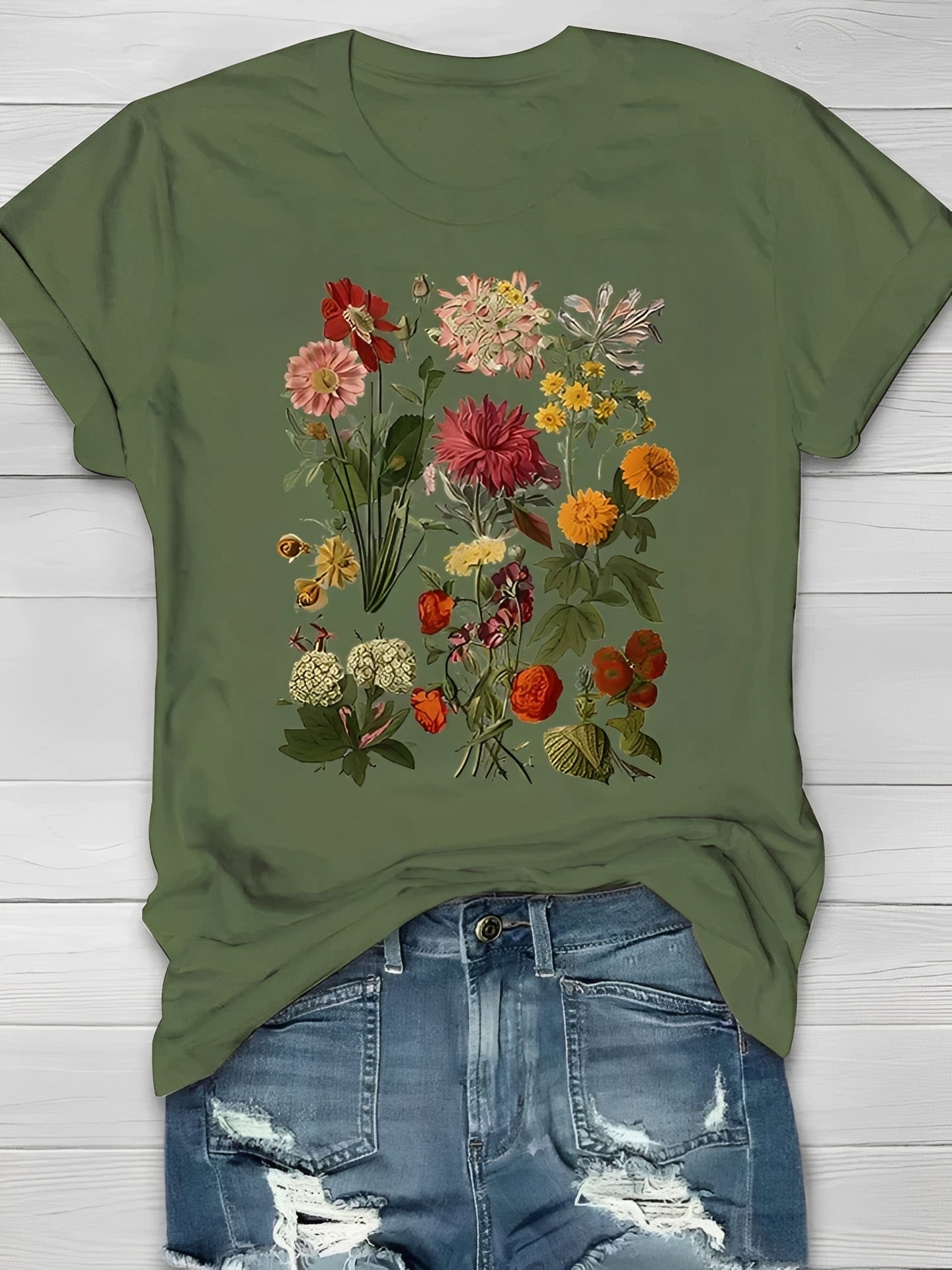 T-Shirt Damen Elegant Vintage Blumenmuster Freizeit
