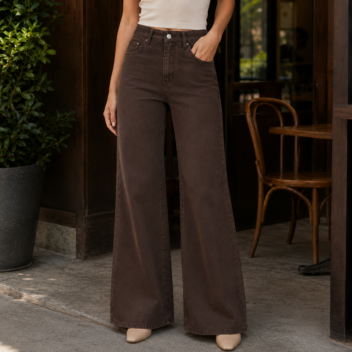 Jeans Damen Weit Hoch Tailliert Freizeit