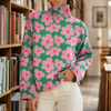 Pullover Damen Oversize Casual mit Blumenmuster und Rollkragen