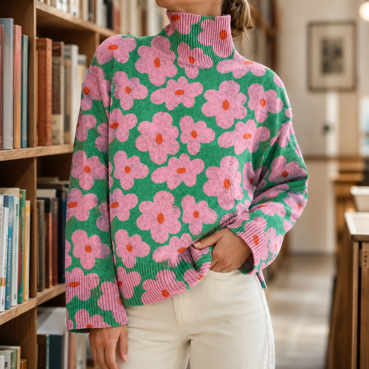 Pullover Damen Oversize Casual mit Blumenmuster und Rollkragen