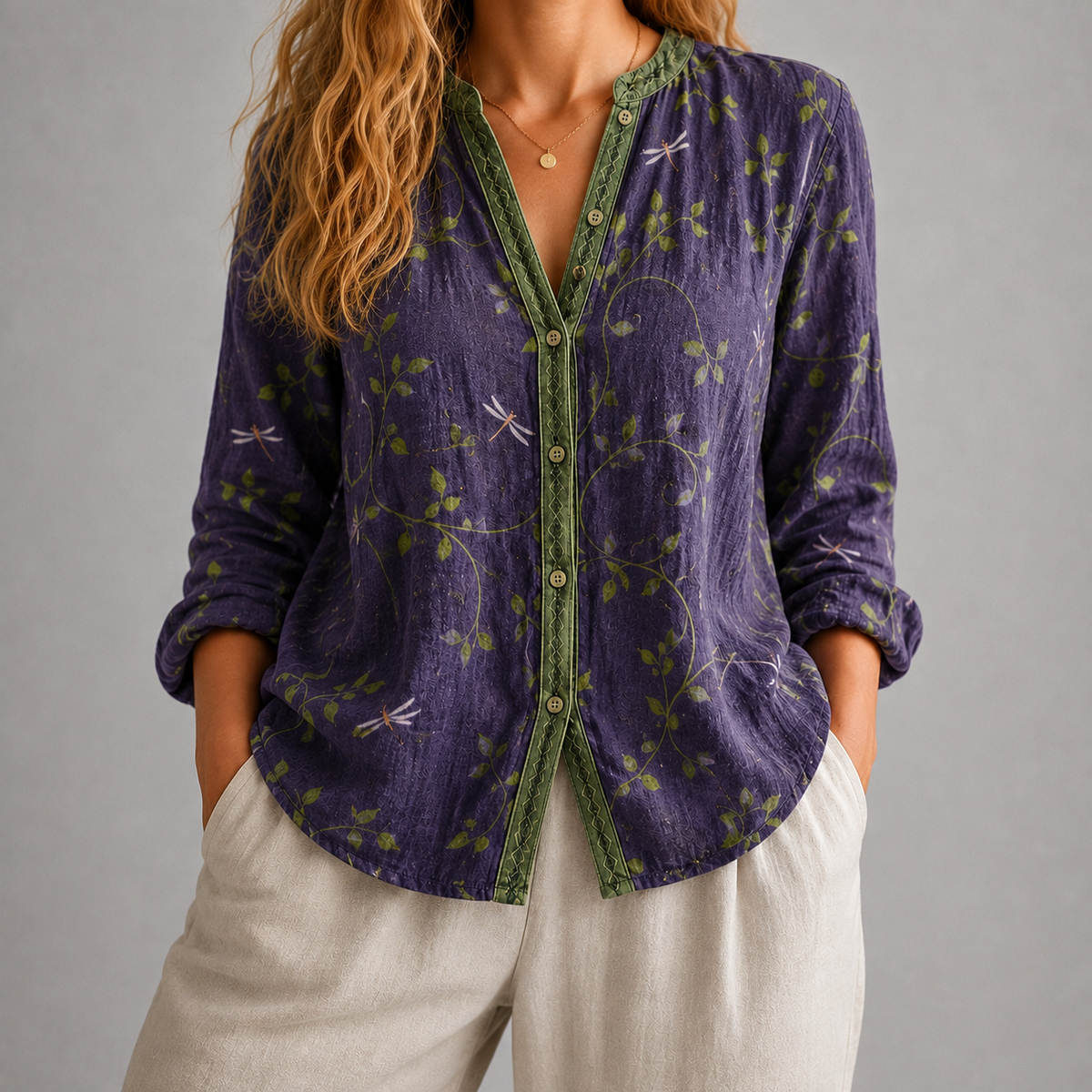 Bluse Damen Relaxed Fit Casual geschlitzter Ausschnitt