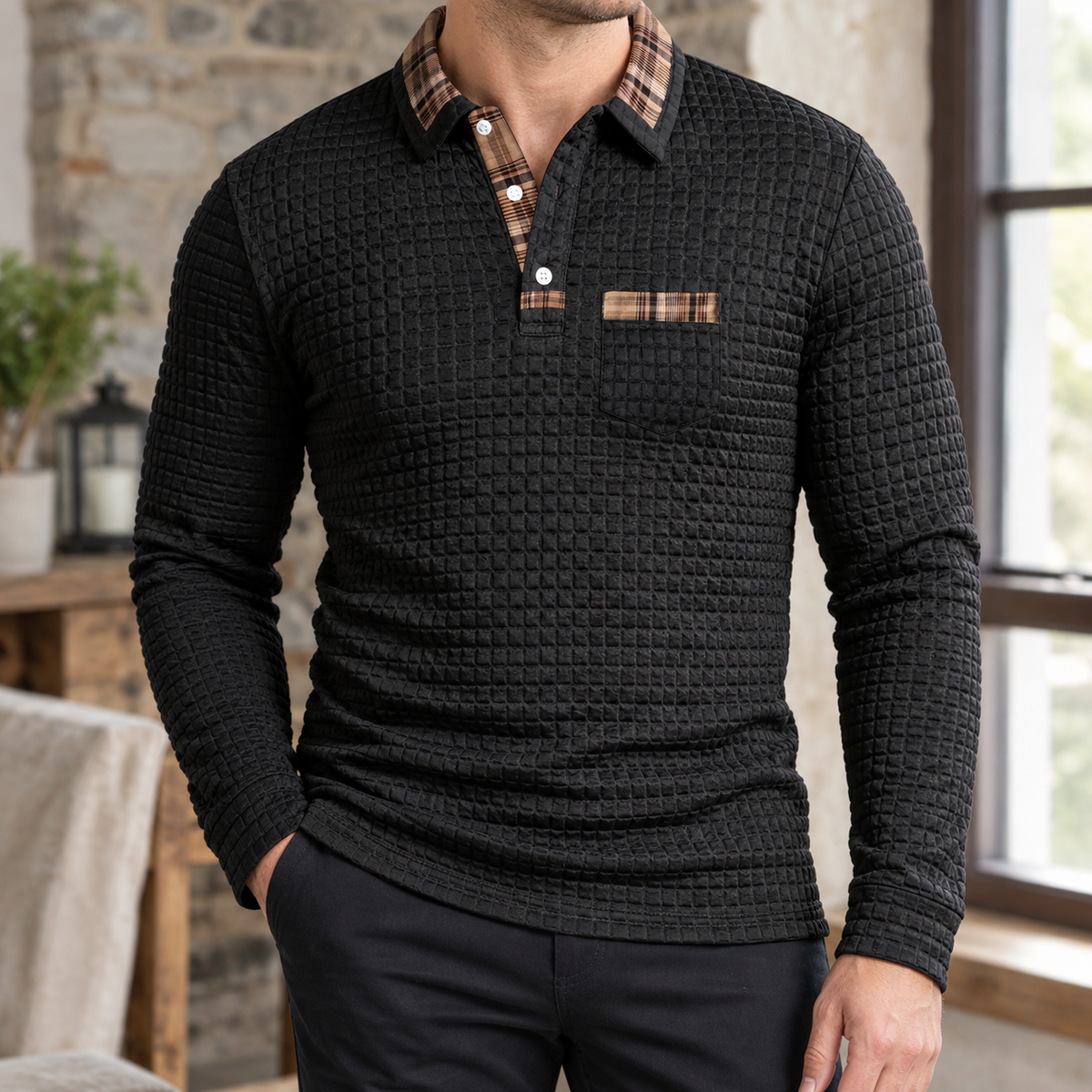 Polo Herren Tailliert Kariert Langarm Casual