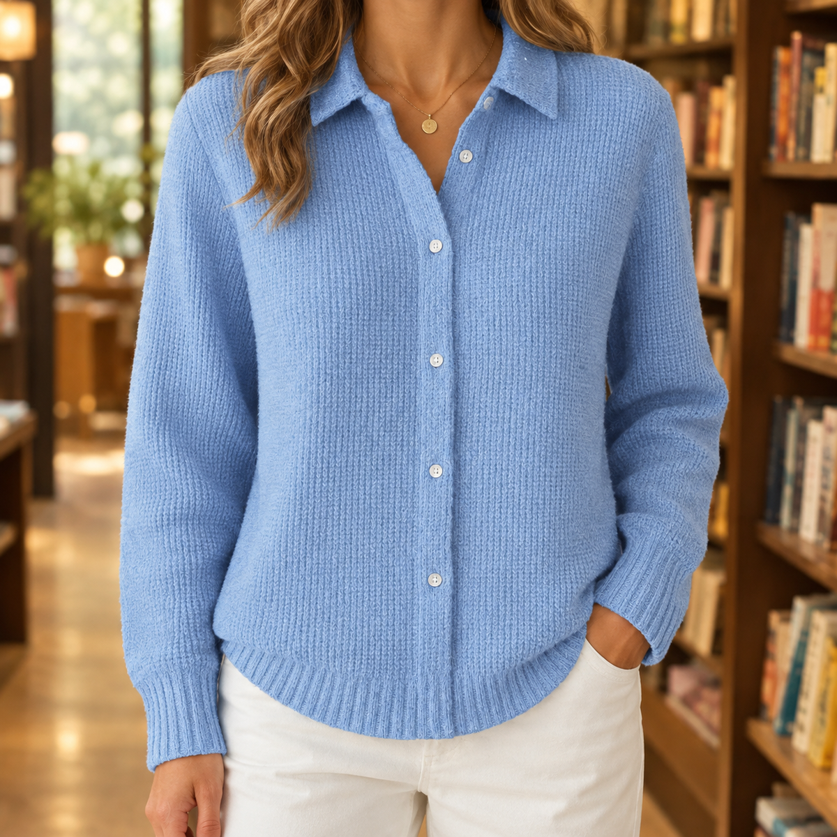 Pullover Damen Regular Fit Casual mit Hemdkragen und Knopfleiste