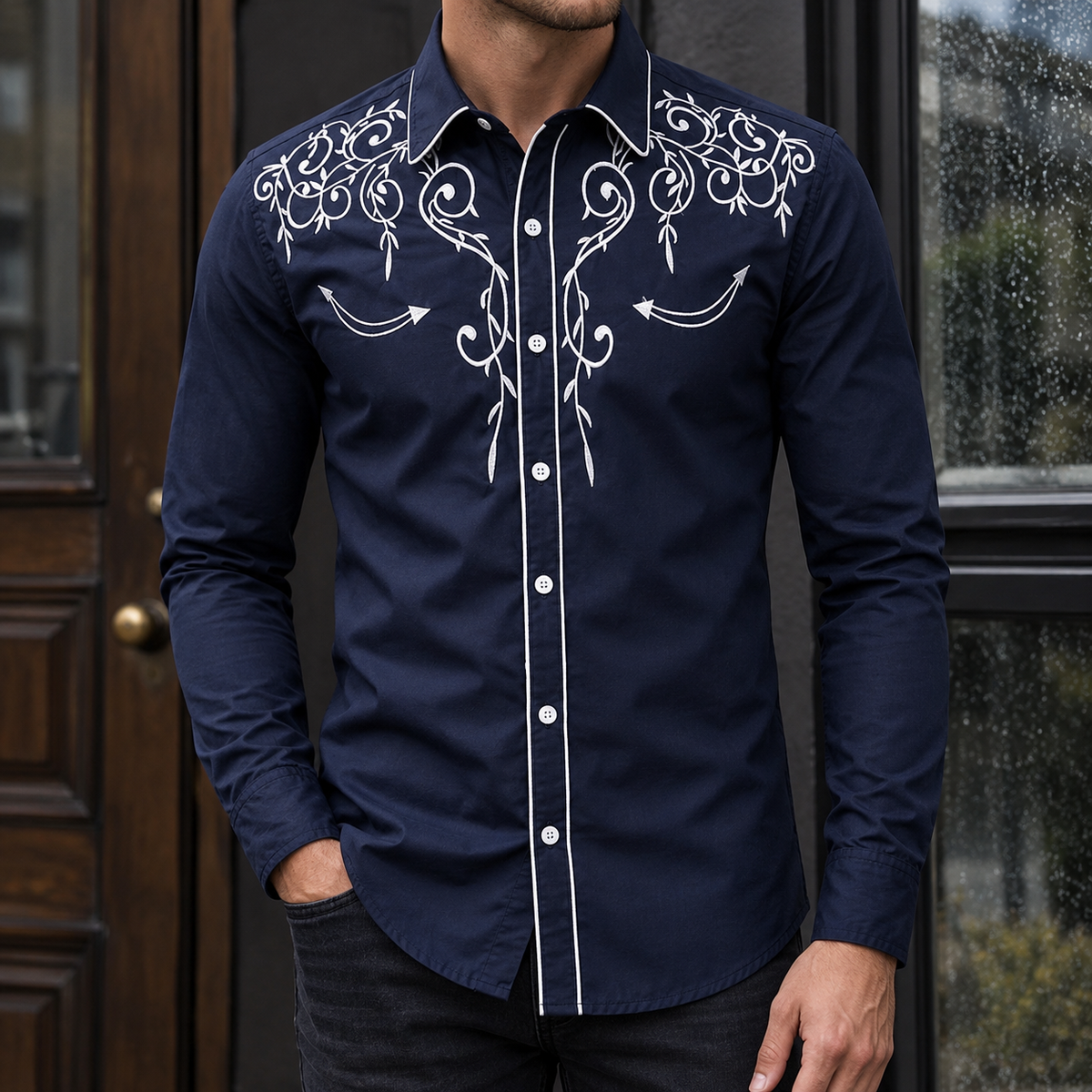 Hemd Herren Slim Fit Casual Langarm Spitzkragen Retro