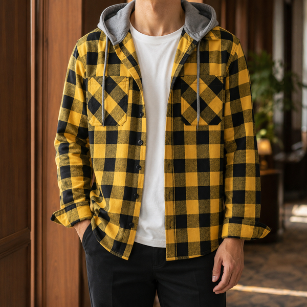 Hemd Herren Relaxed Fit Casual mit Kapuze und Karo Muster