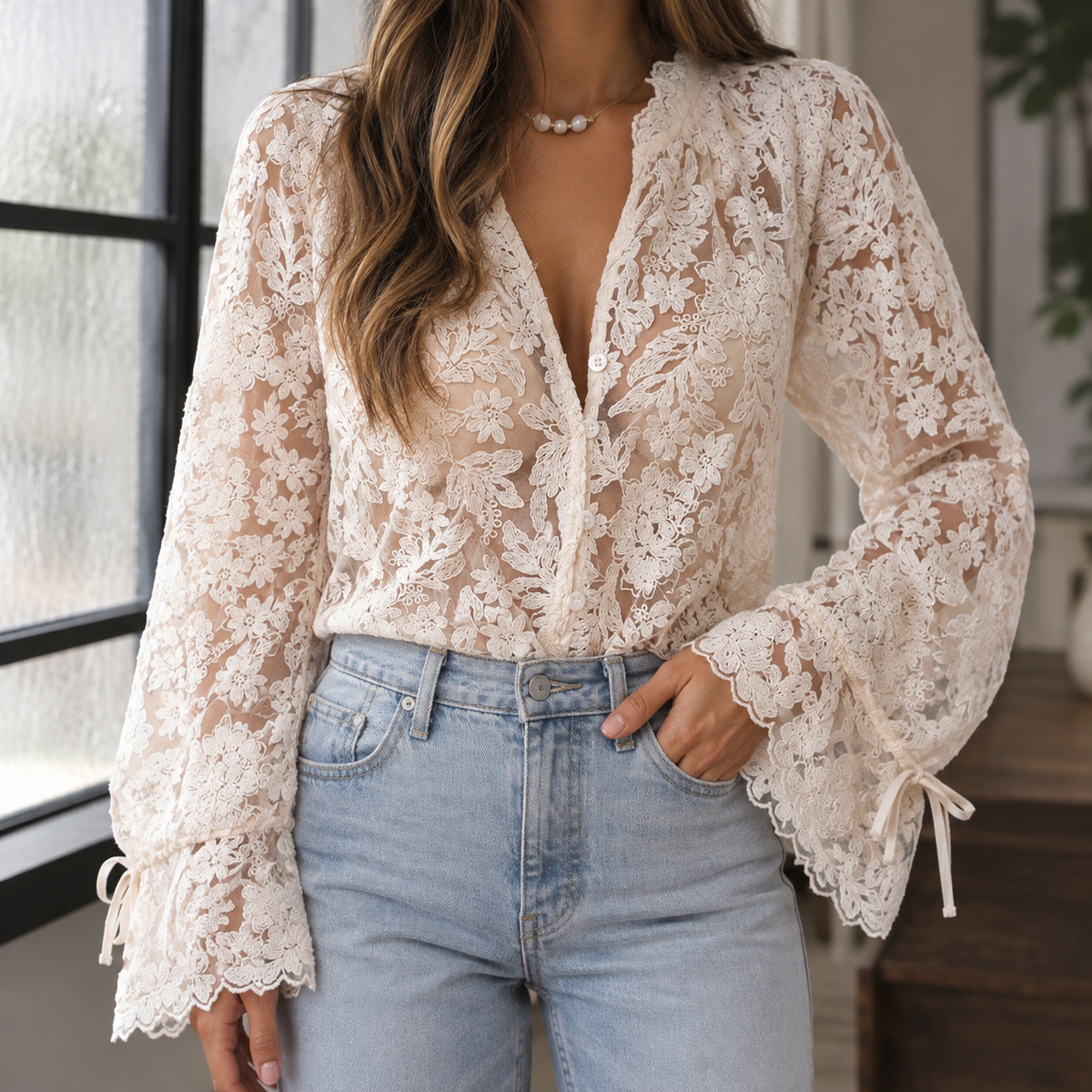 Bluse Damen Locker Floral Spitze Casual