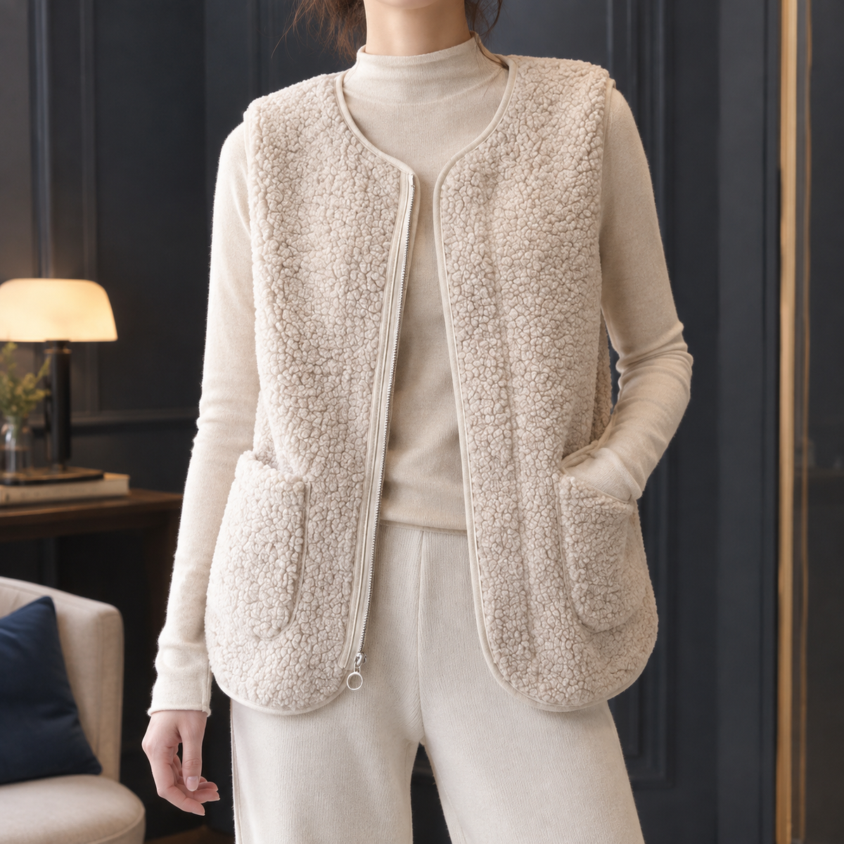 Damen Teddyweste Oversize Casual mit Reißverschluss und Taschen