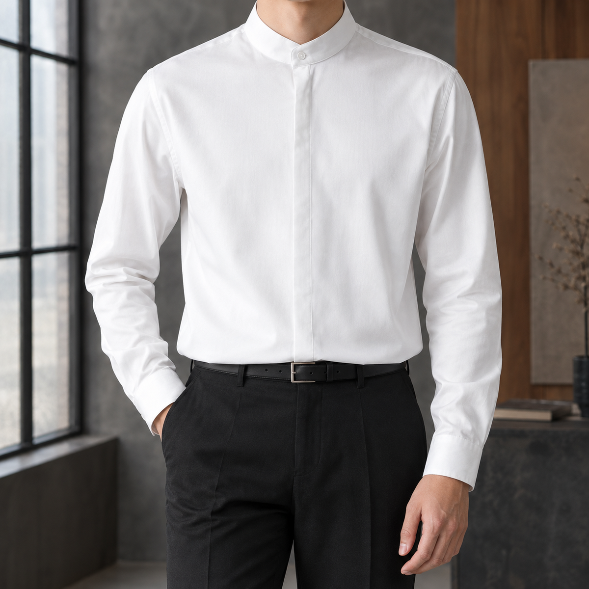 Stehkragenhemd Herren Relaxed Fit Casual Langarm