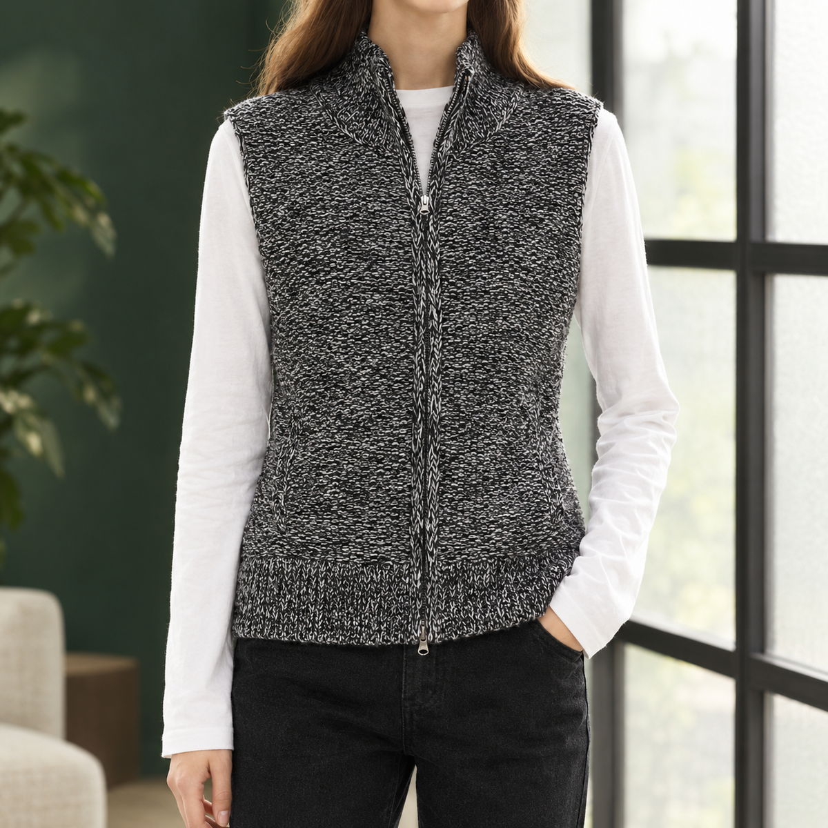 Weste Damen Relaxed Fit Freizeit hoher Kragen zweigeteilter Reißverschluss