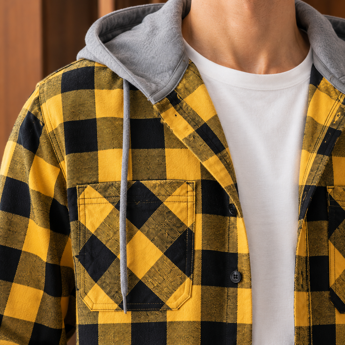 Hemd Herren Relaxed Fit Casual mit Kapuze und Karo Muster