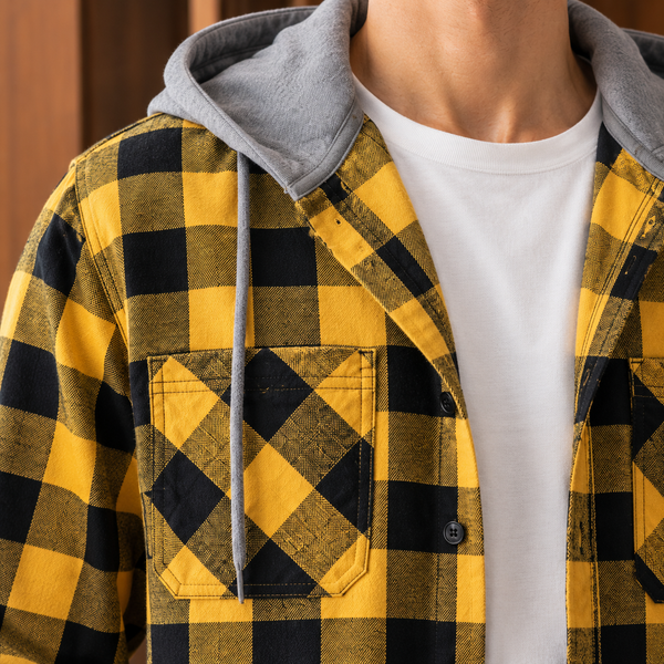 Hemd Herren Relaxed Fit Casual mit Kapuze und Karo Muster
