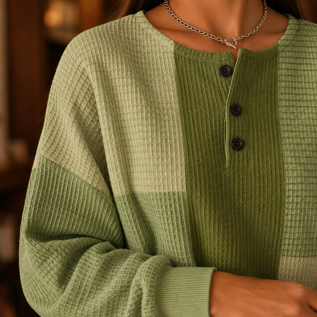 Pullover Damen Relaxed Fit Casual Farbblock Oliv