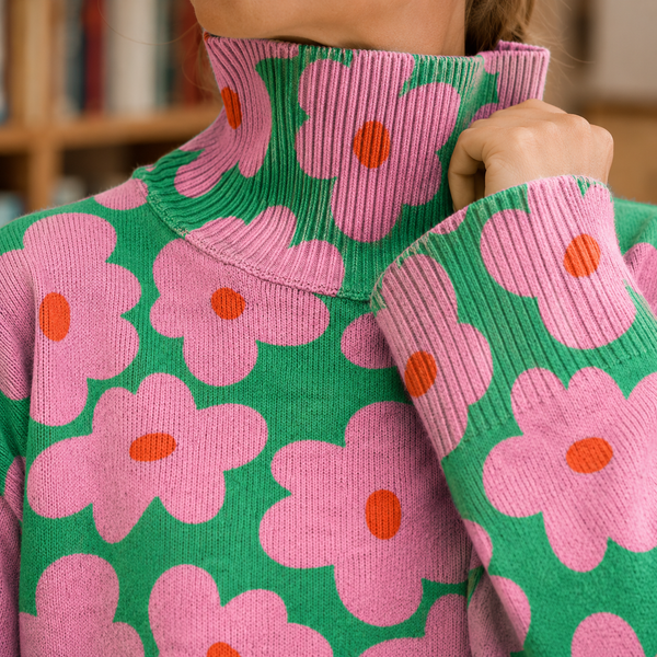Pullover Damen Oversize Casual mit Blumenmuster und Rollkragen