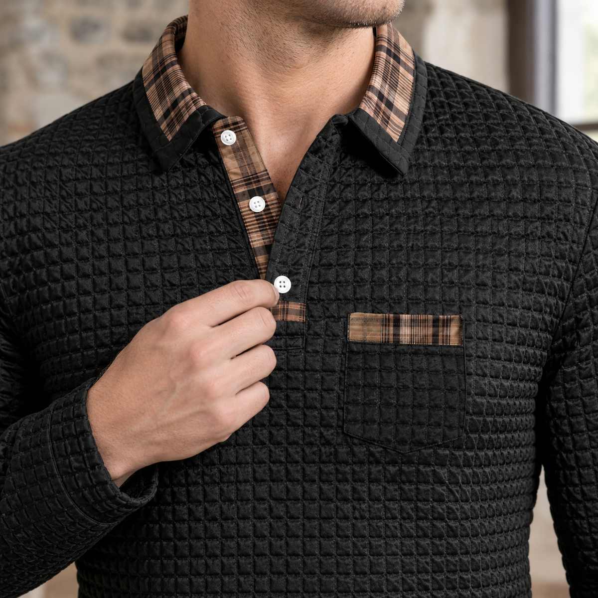 Polo Herren Tailliert Kariert Langarm Casual