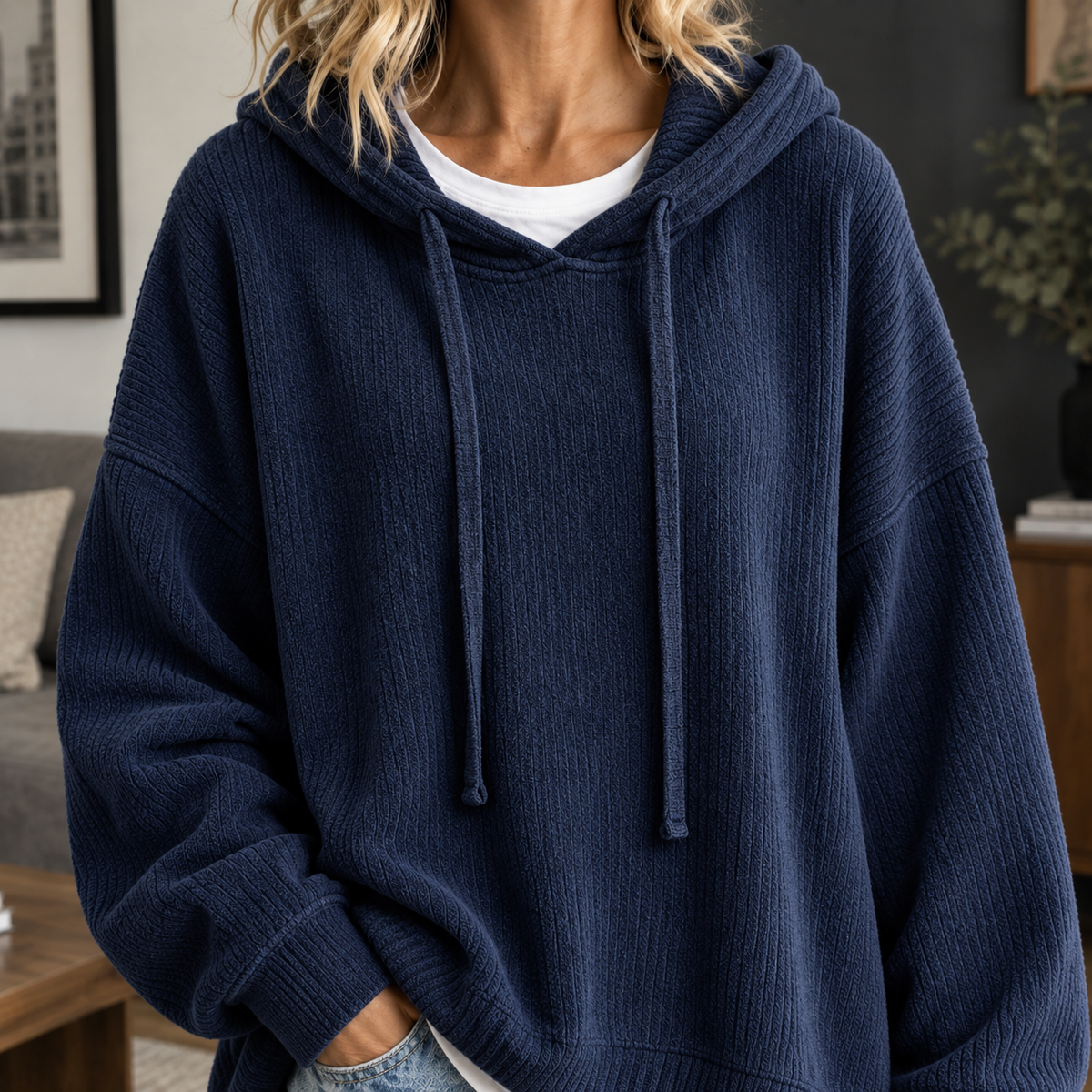 Damen Hoodie Oversize Freizeit Gerippter Pullover