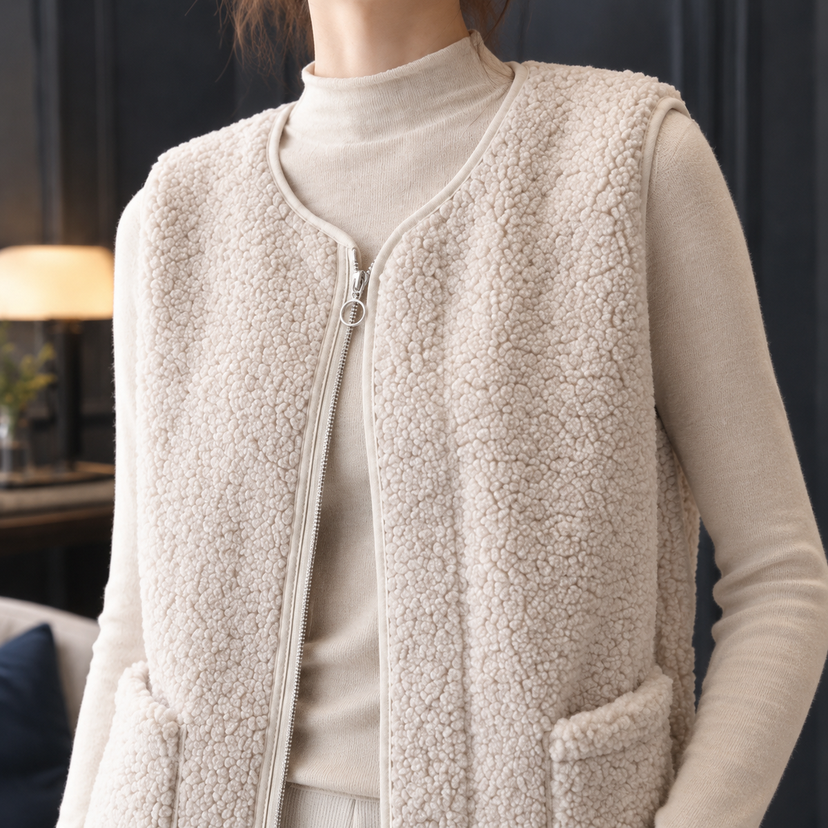 Damen Teddyweste Oversize Casual mit Reißverschluss und Taschen