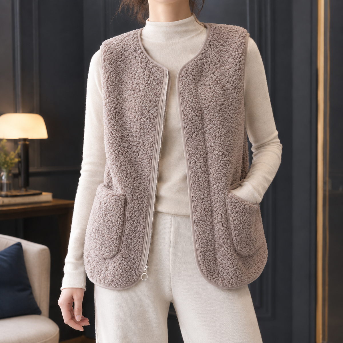 Damen Teddyweste Oversize Casual mit Reißverschluss und Taschen