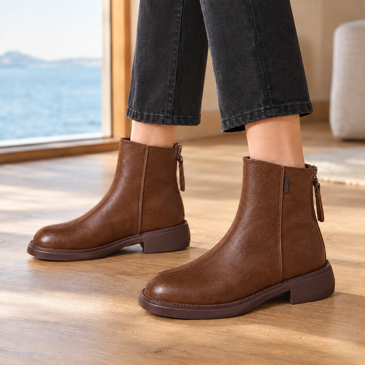 Stiefeletten Damen Veganes Leder Reißverschluss Herbst Casual
