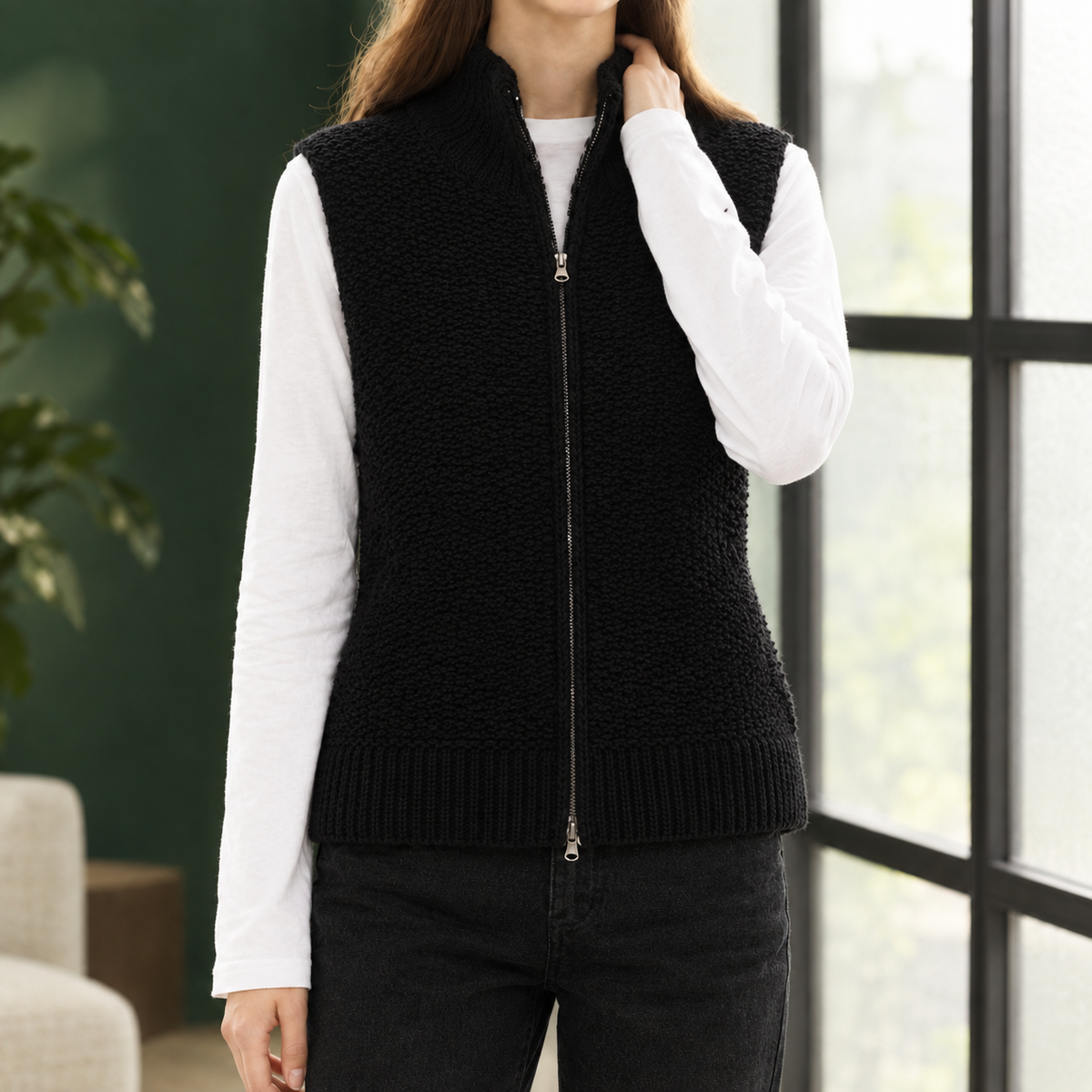 Weste Damen Relaxed Fit Casual Ärmellos Hoher Kragen