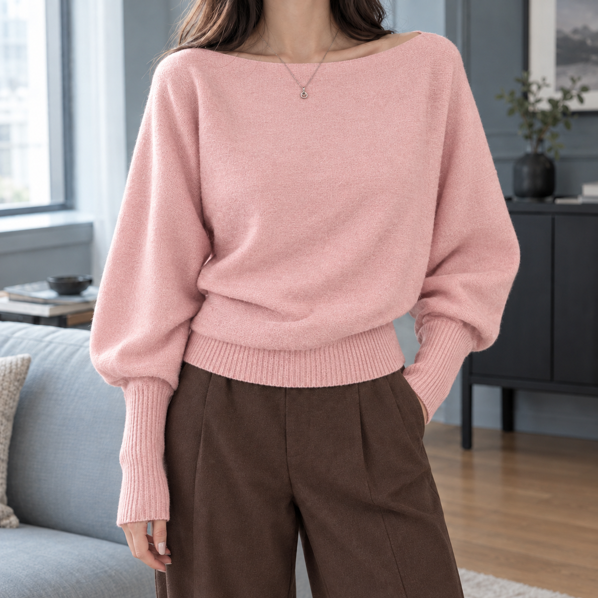 Off-Shoulder Top Damen Locker Langarm Casual