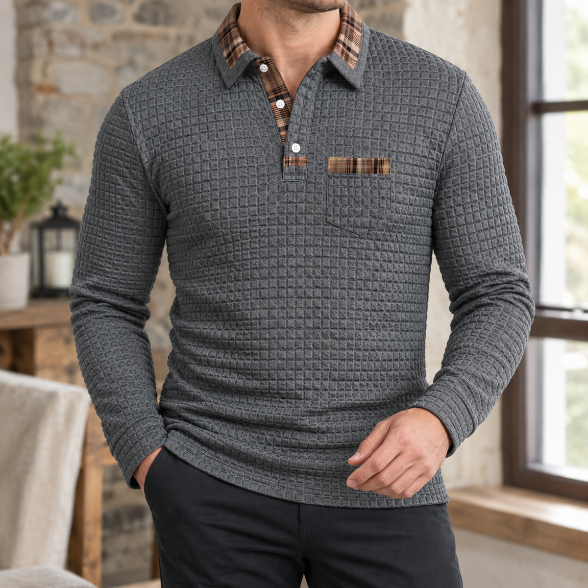 Polo Herren Tailliert Kariert Langarm Casual