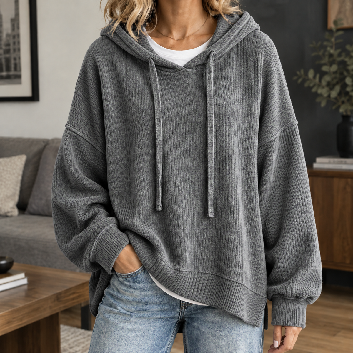 Damen Hoodie Oversize Freizeit Gerippter Pullover