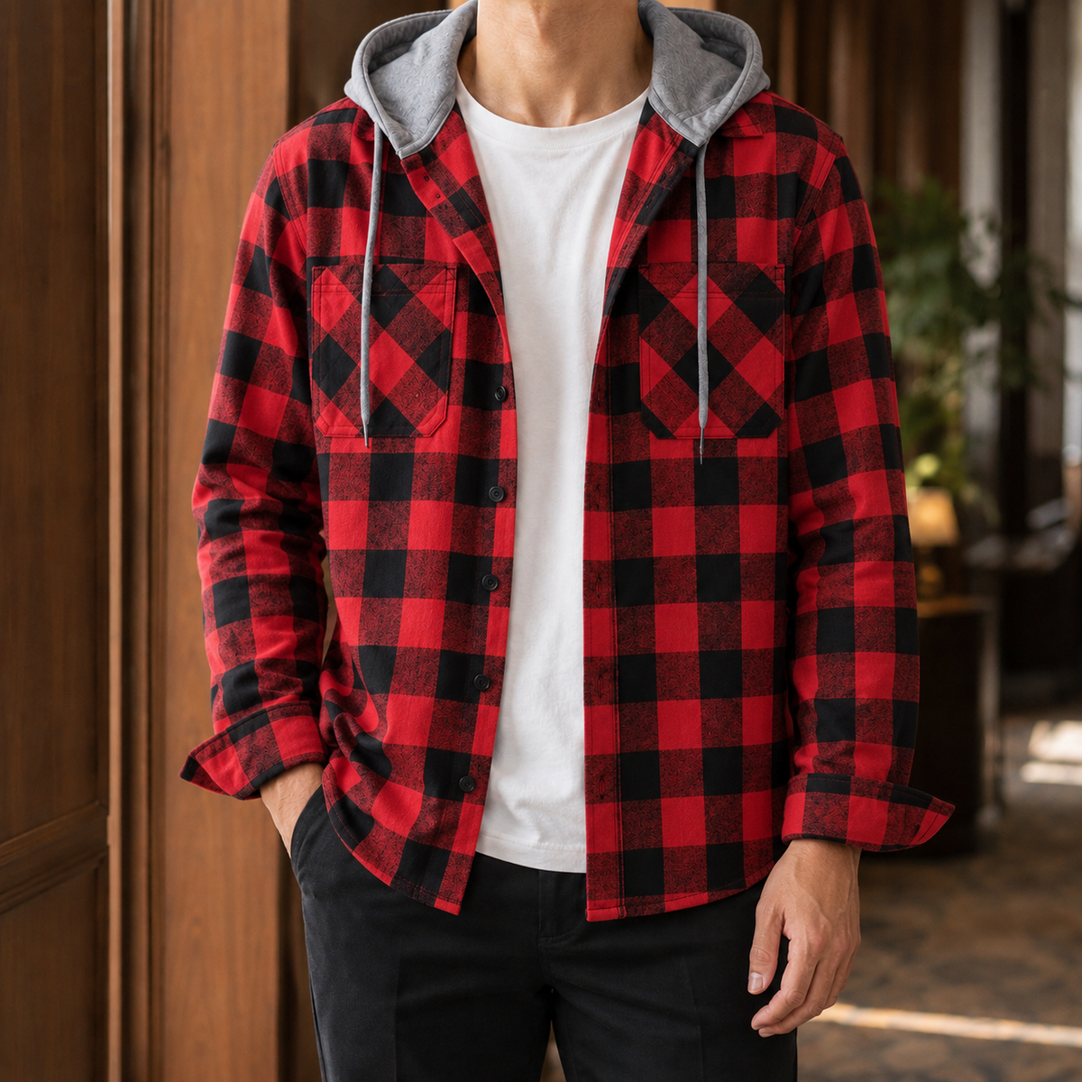 Hemd Herren Relaxed Fit Casual mit Kapuze und Karo Muster