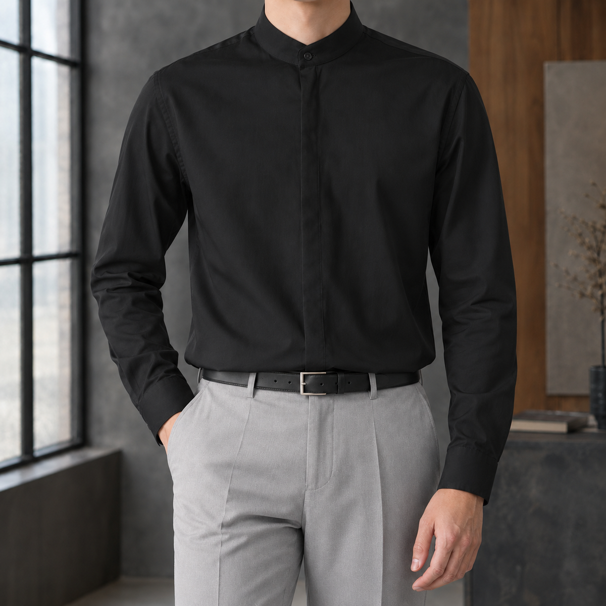 Stehkragenhemd Herren Relaxed Fit Casual Langarm