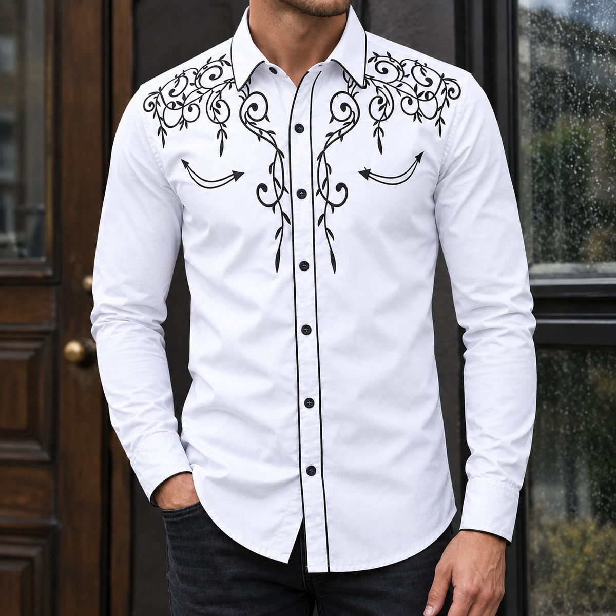 Hemd Herren Slim Fit Casual Langarm Spitzkragen Retro