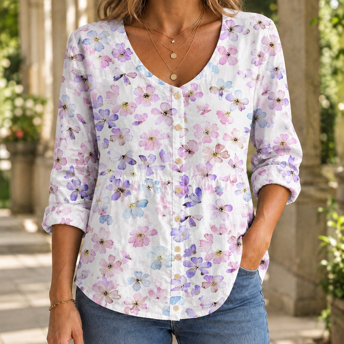 Bluse Damen Relaxed Fit Casual Rundhalsausschnitt Knopfleiste