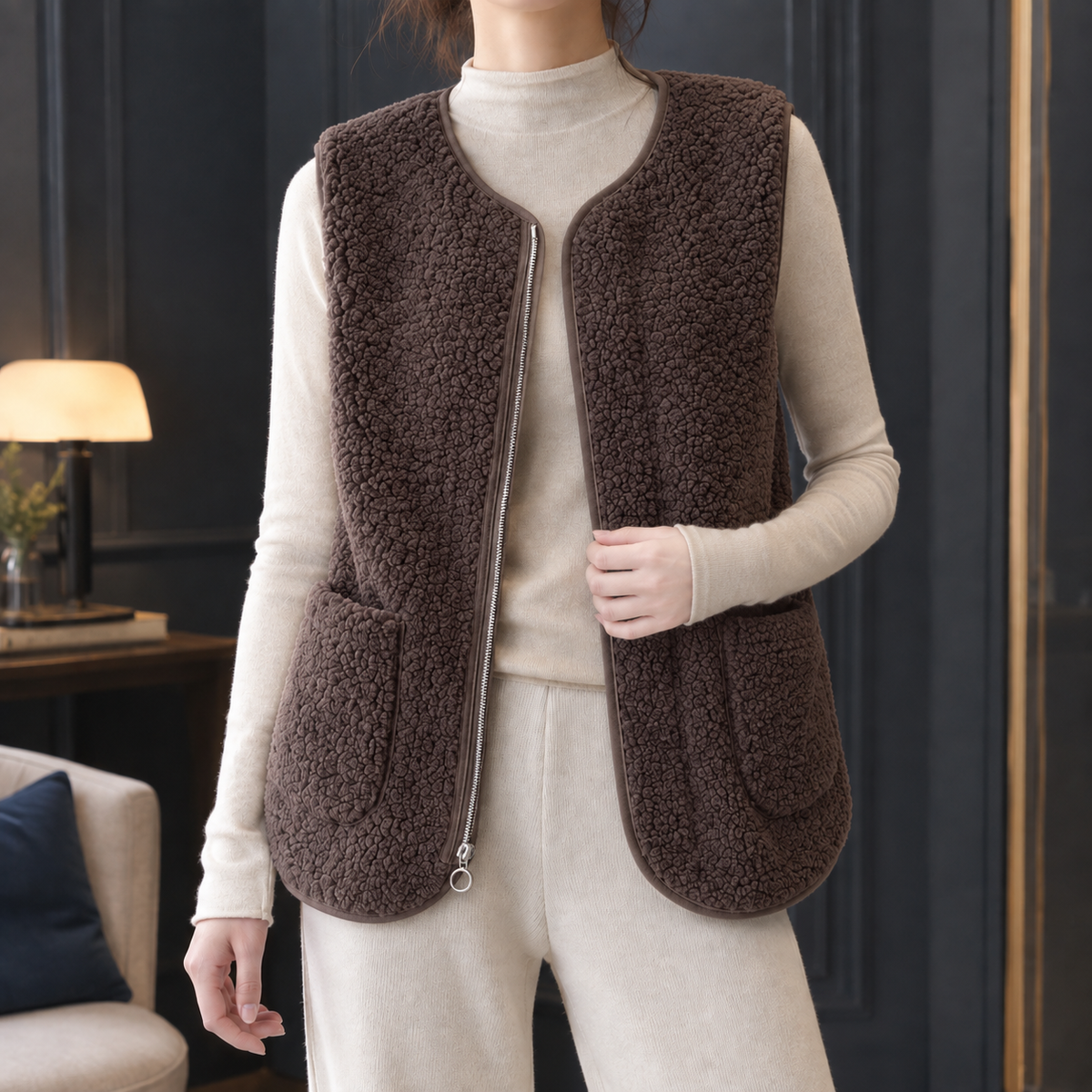 Damen Teddyweste Oversize Casual mit Reißverschluss und Taschen