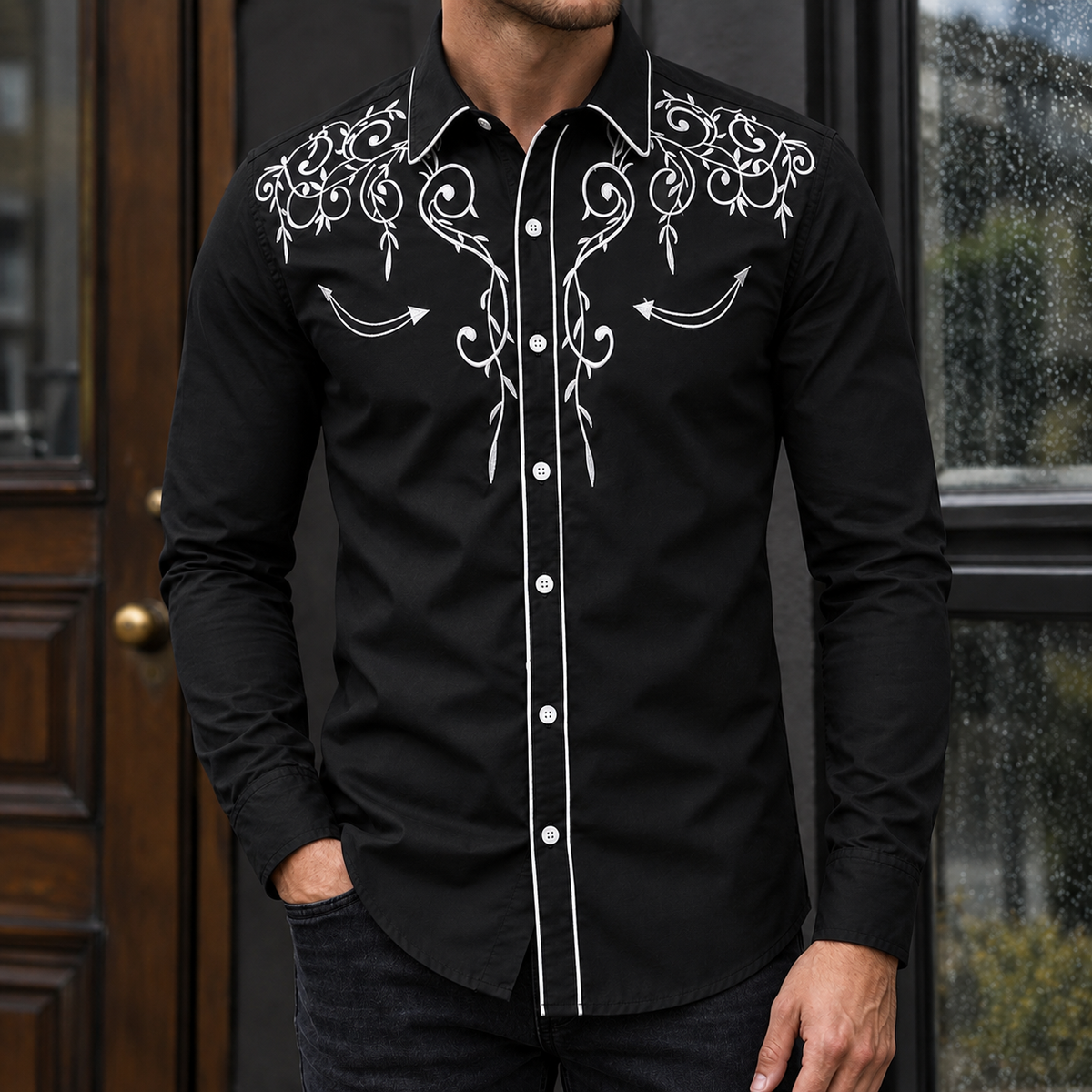 Hemd Herren Slim Fit Casual Langarm Spitzkragen Retro