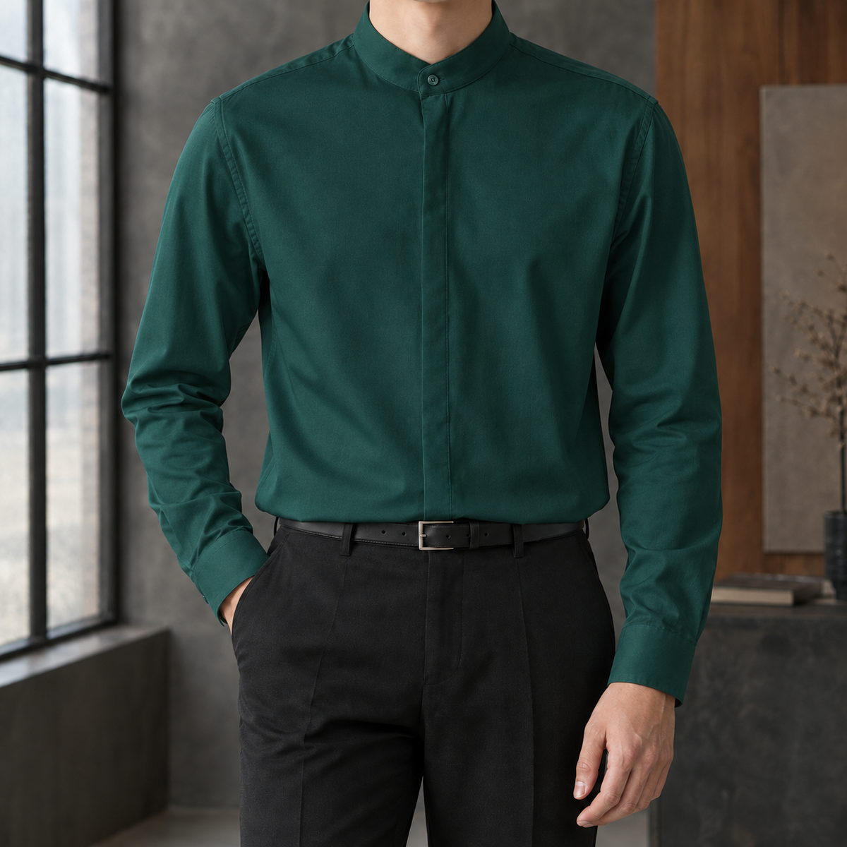 Stehkragenhemd Herren Relaxed Fit Casual Langarm