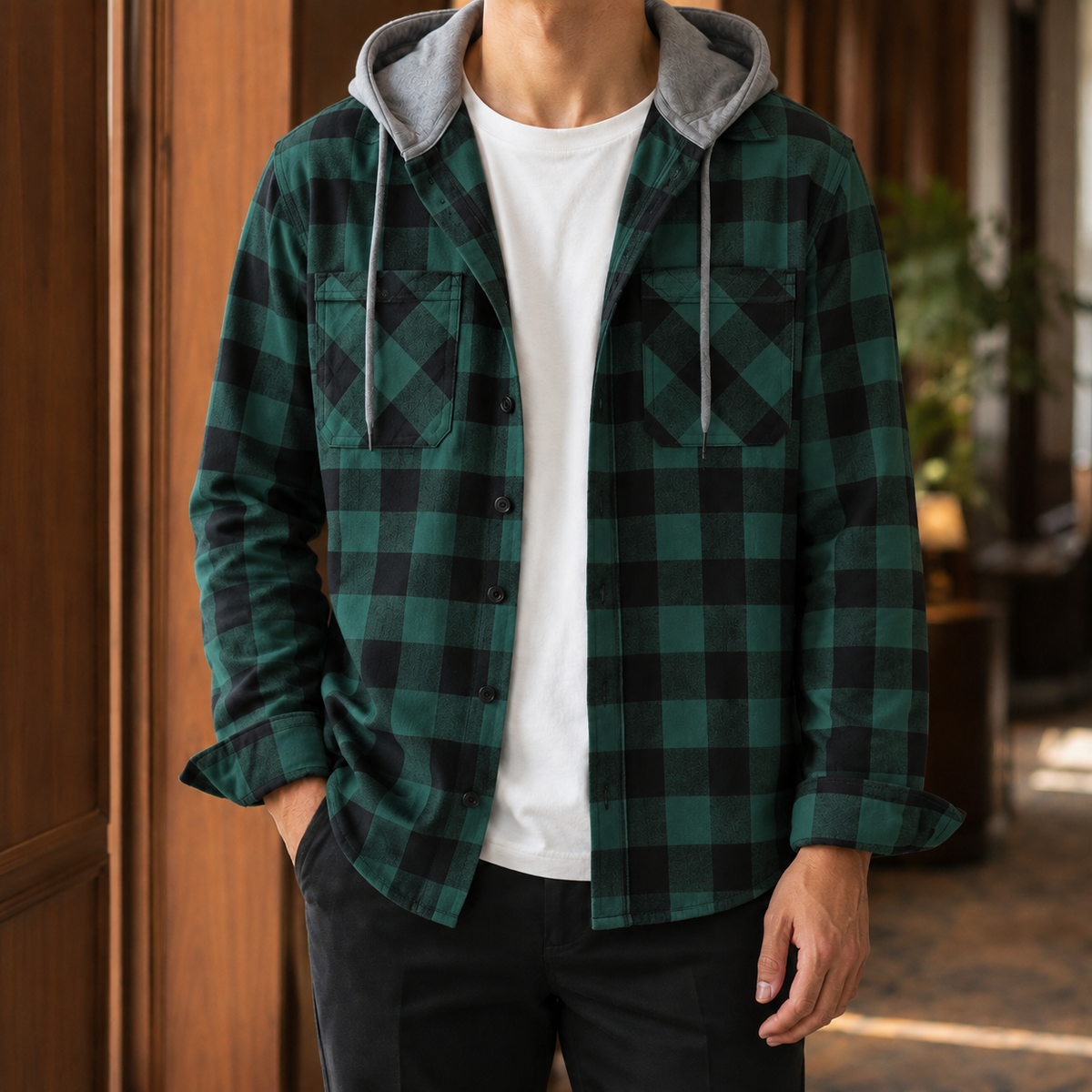 Hemd Herren Relaxed Fit Casual mit Kapuze und Karo Muster