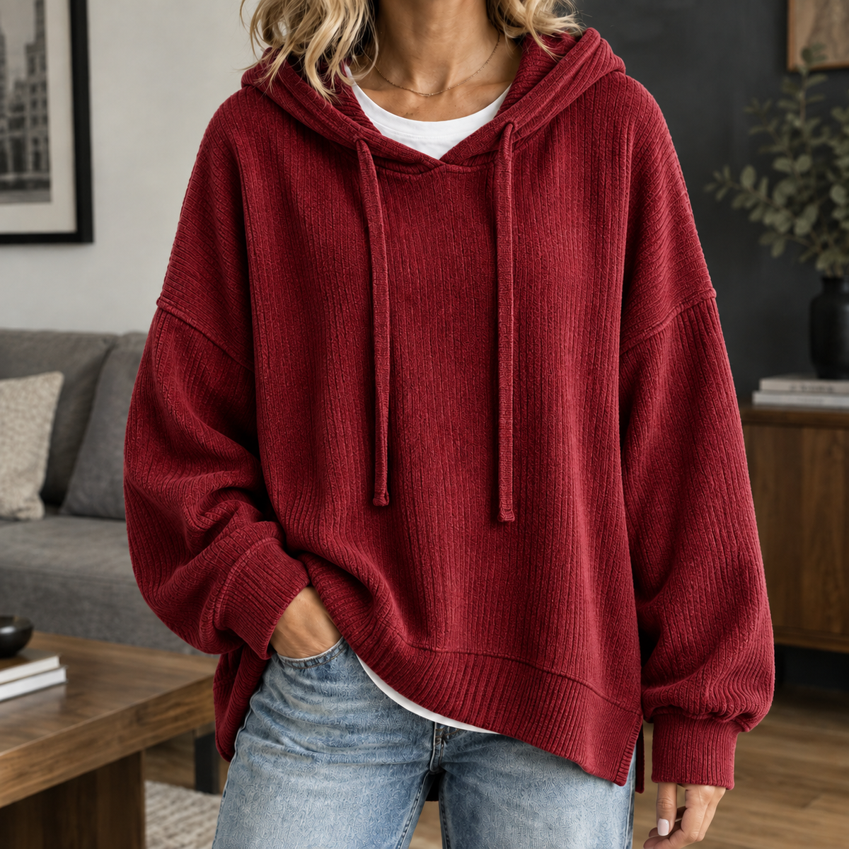 Damen Hoodie Oversize Freizeit Gerippter Pullover