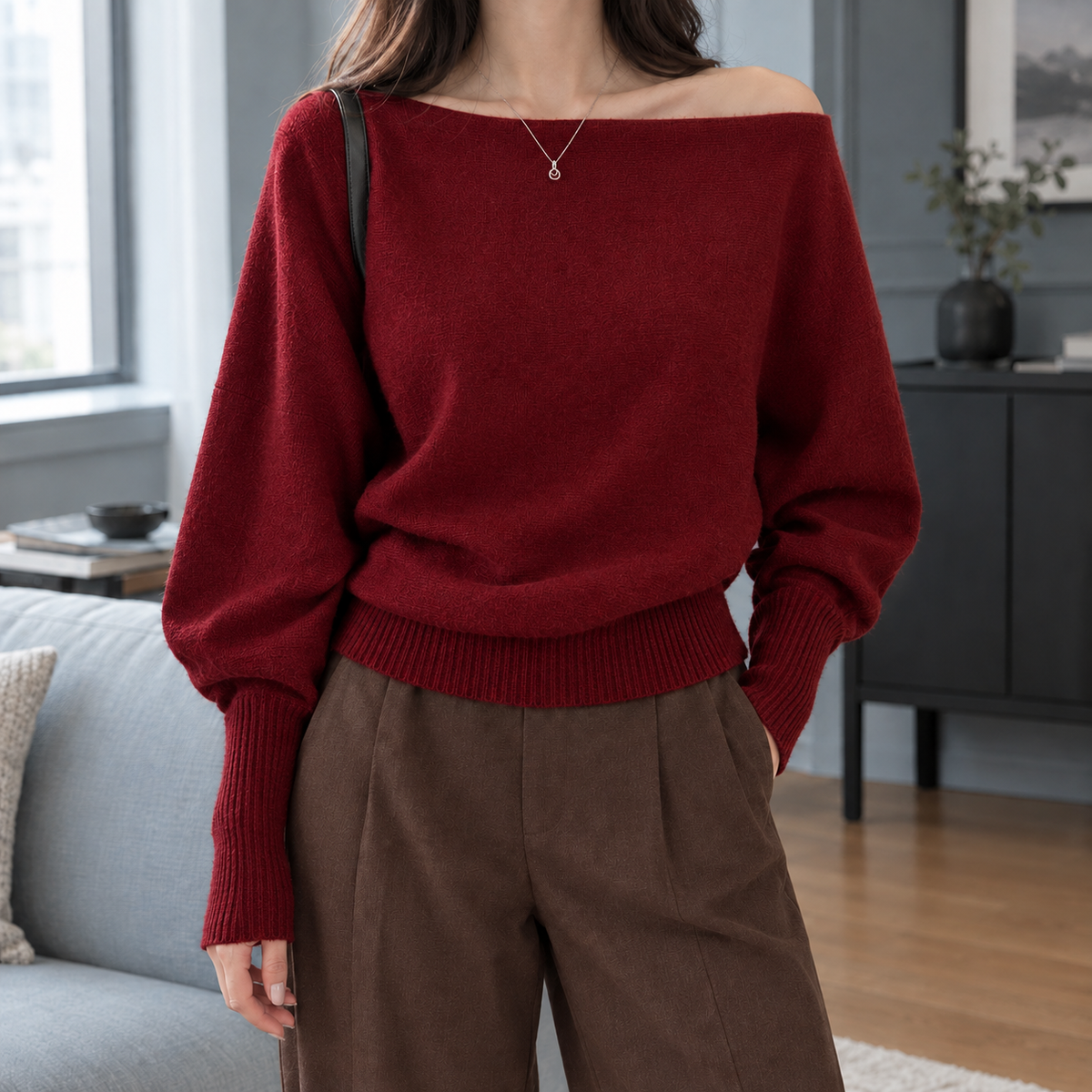 Off-Shoulder Top Damen Locker Langarm Casual