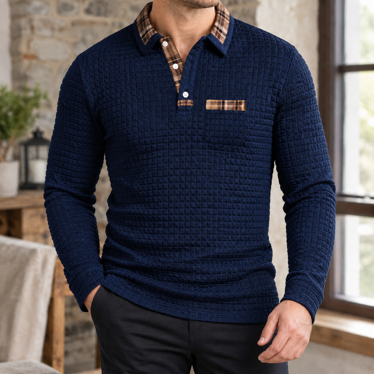 Polo Herren Tailliert Kariert Langarm Casual