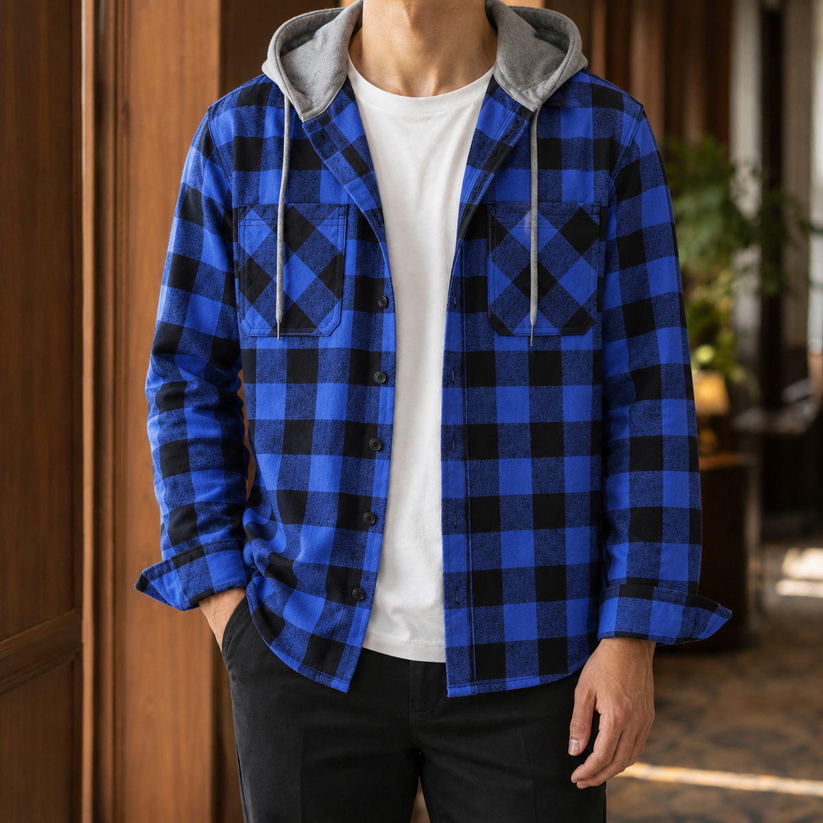 Hemd Herren Relaxed Fit Casual mit Kapuze und Karo Muster