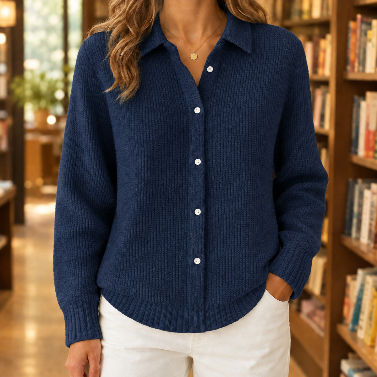 Pullover Damen Regular Fit Casual mit Hemdkragen und Knopfleiste