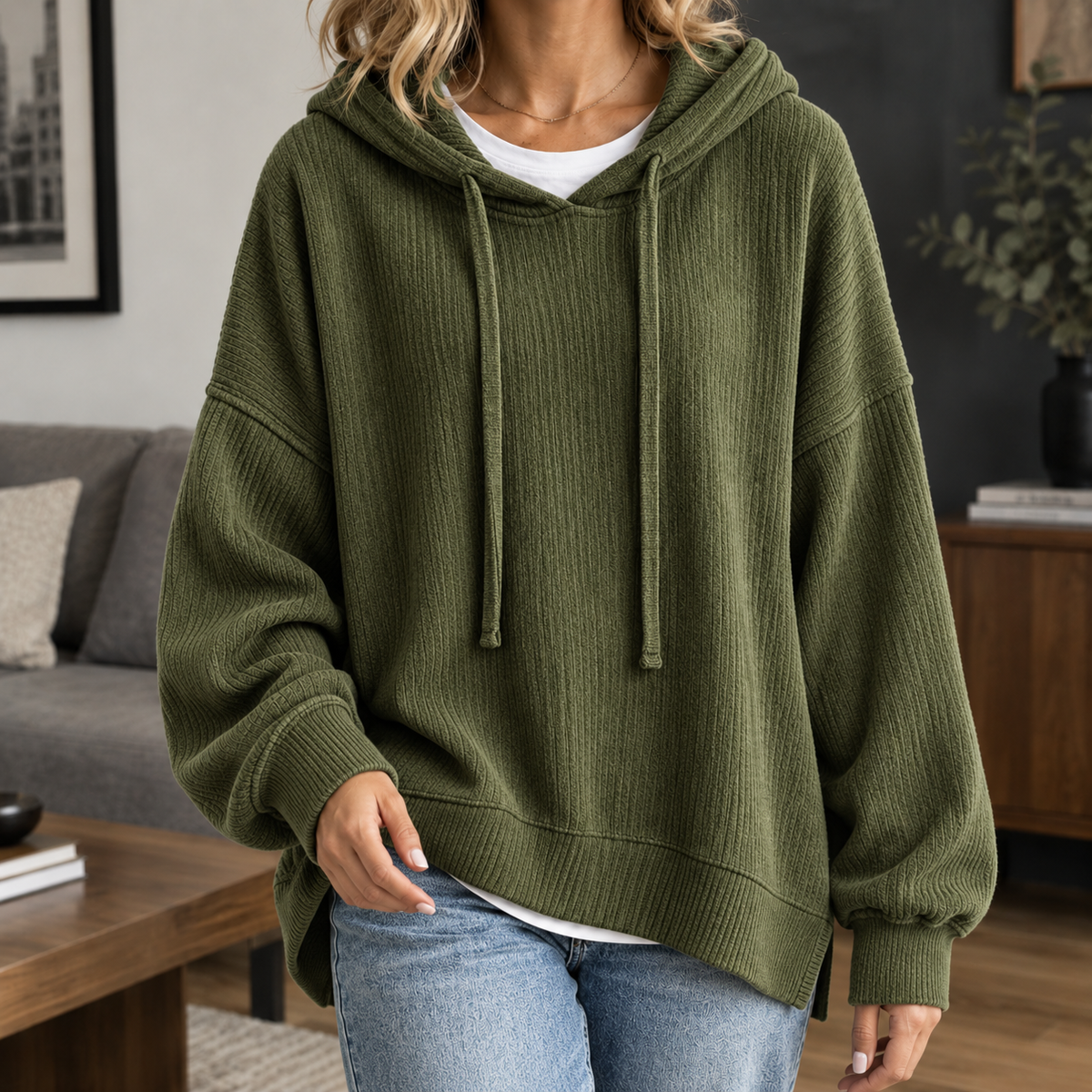 Damen Hoodie Oversize Freizeit Gerippter Pullover
