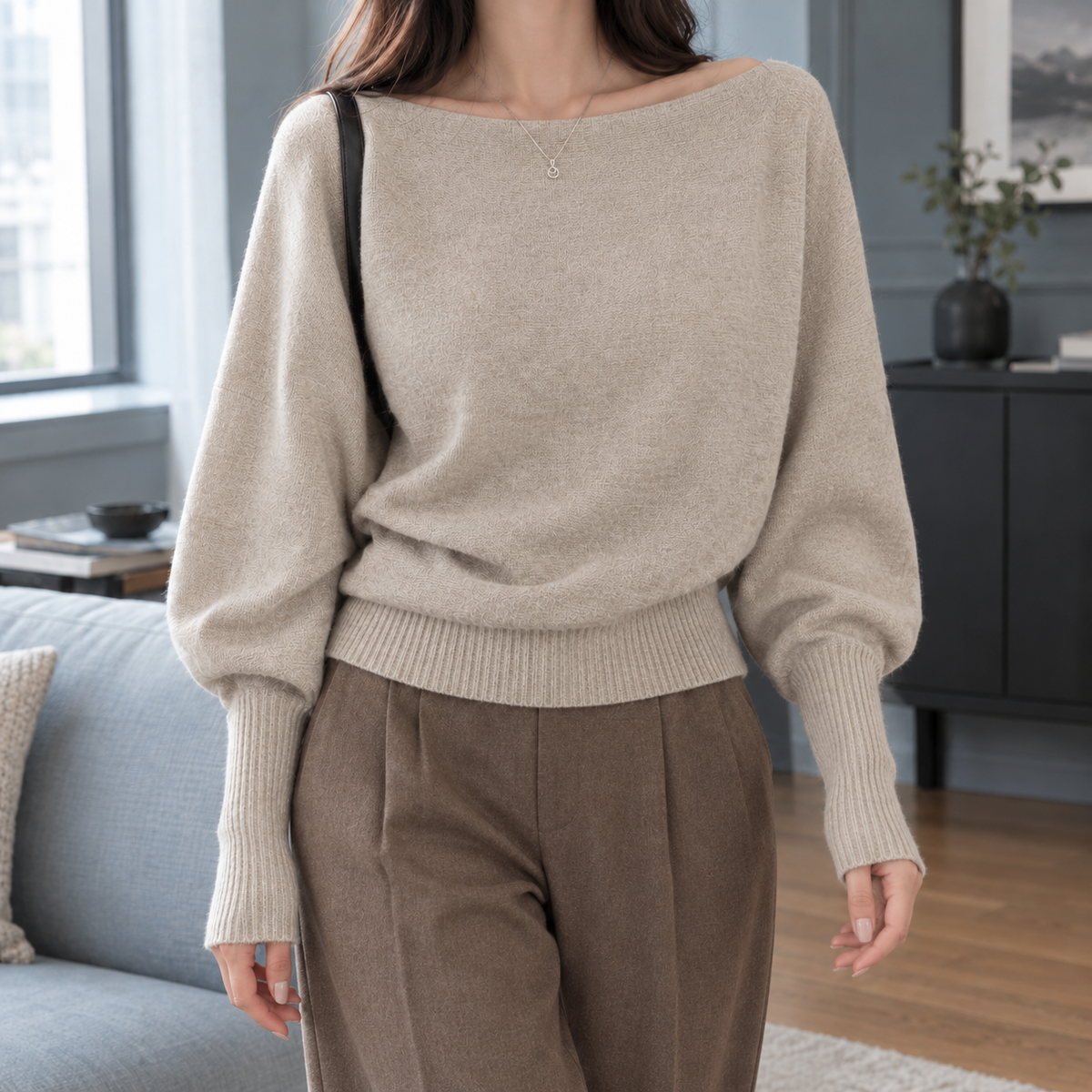Off-Shoulder Top Damen Locker Langarm Casual
