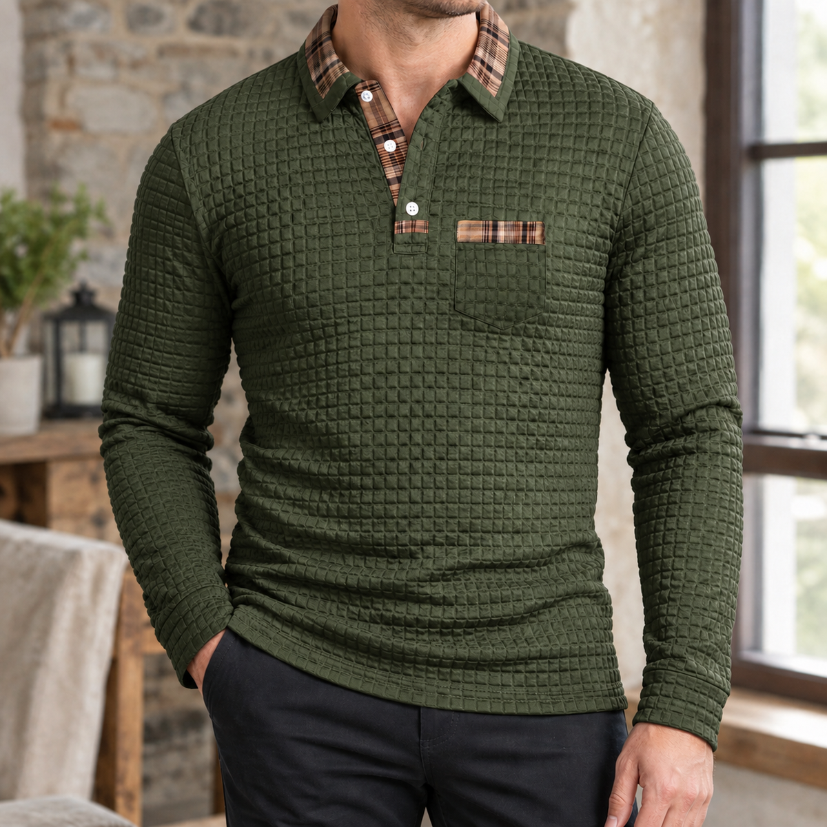Polo Herren Tailliert Kariert Langarm Casual
