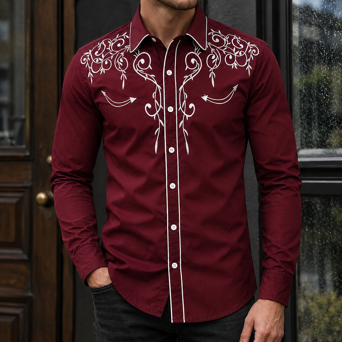 Hemd Herren Slim Fit Casual Langarm Spitzkragen Retro