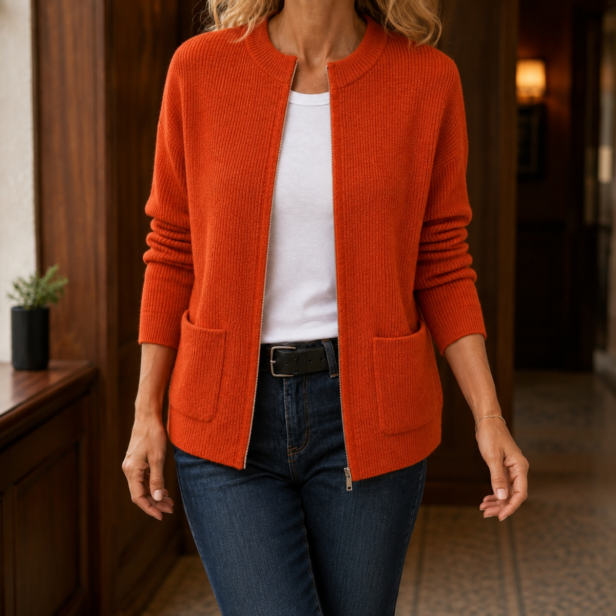 Cardigan Damen Relaxed Fit Freizeit Hüftlang