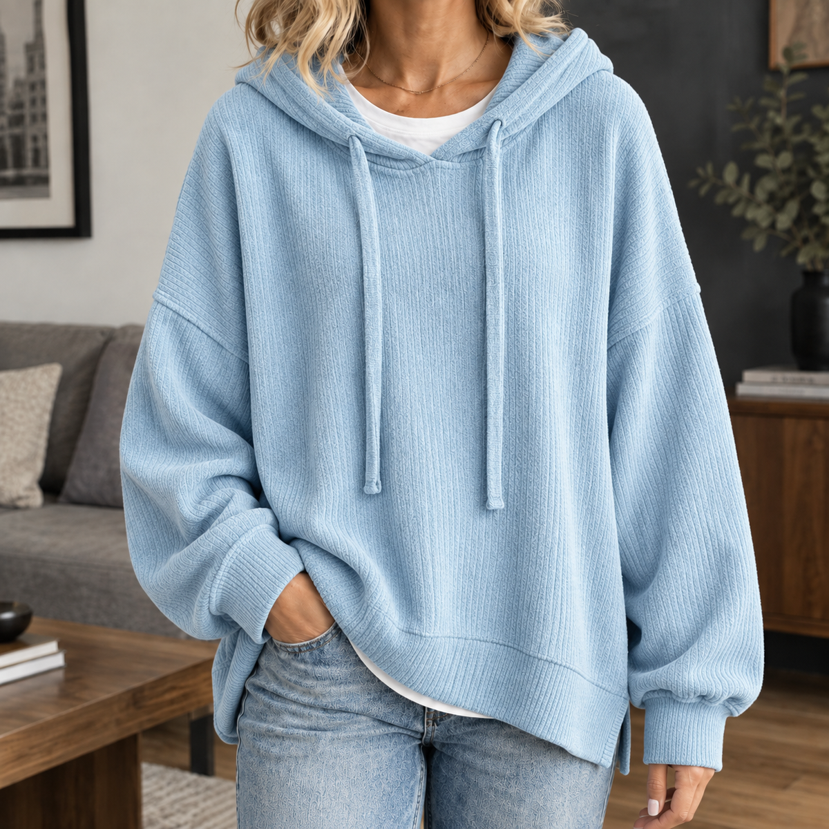 Damen Hoodie Oversize Freizeit Gerippter Pullover