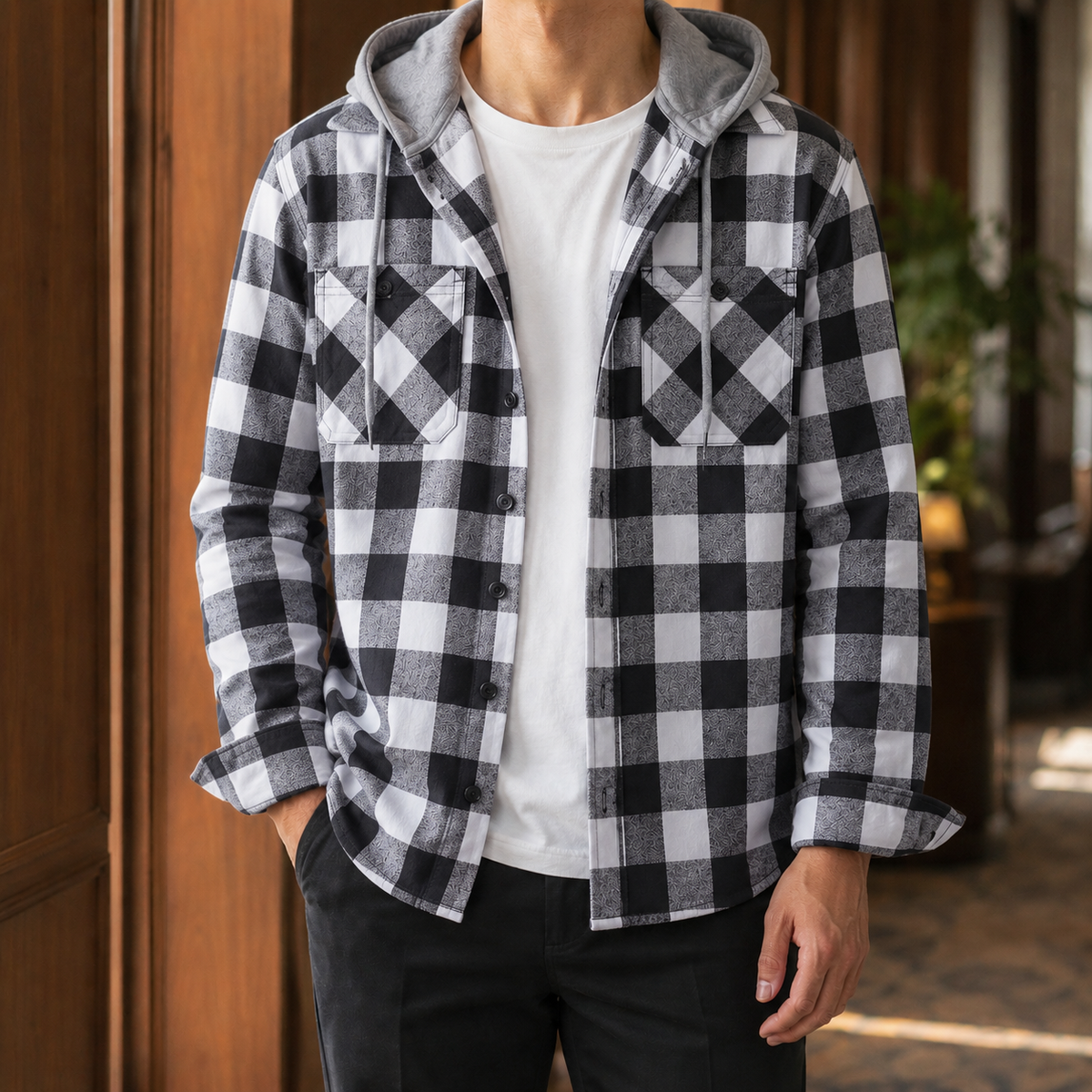 Hemd Herren Relaxed Fit Casual mit Kapuze und Karo Muster