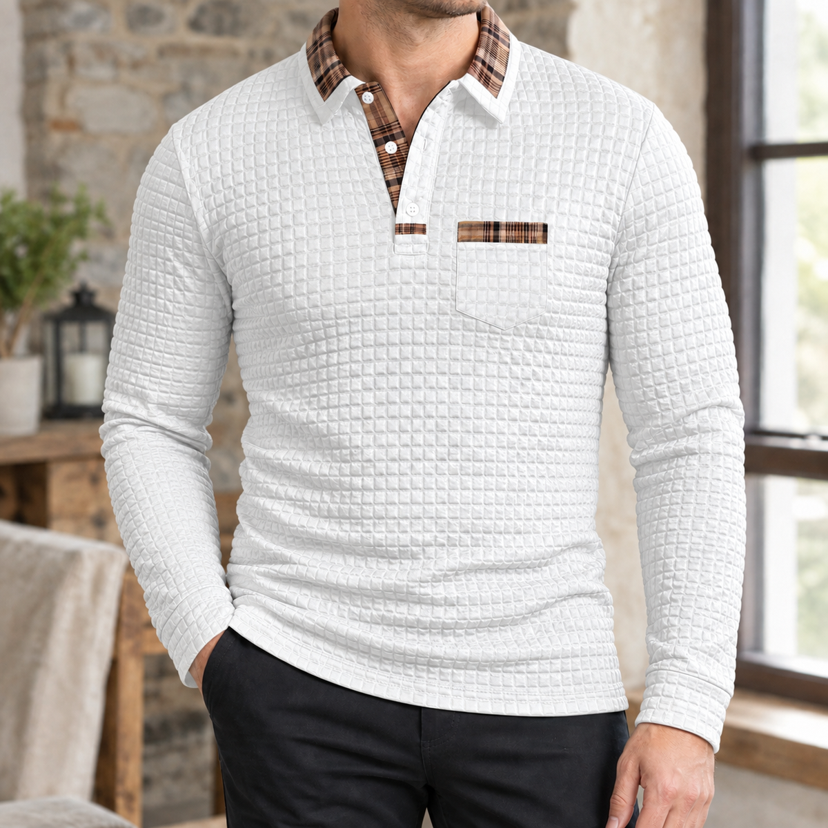 Polo Herren Tailliert Kariert Langarm Casual